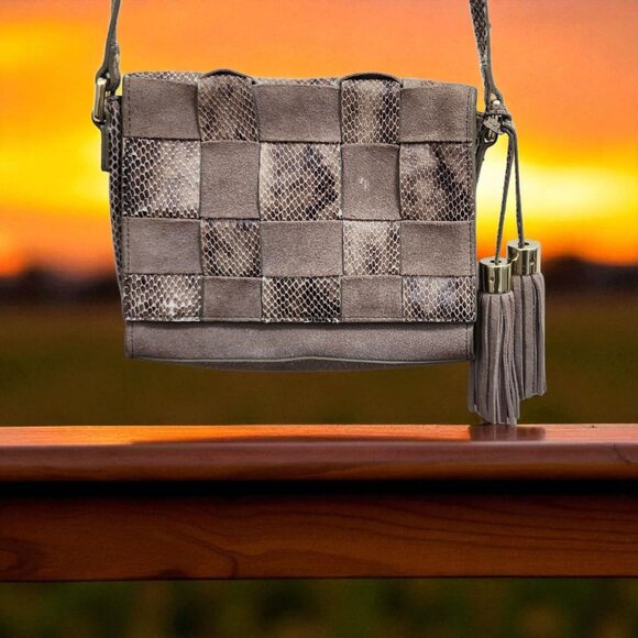 Antropologie Morgan  Woven Suede Crossbody Bag Snakeskin Accents Tassel Boho - Picture 14 of 15